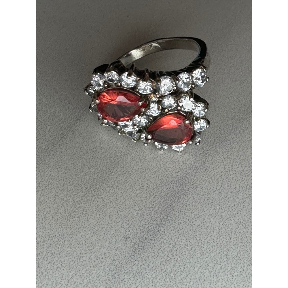 Vintage 925 Sterling Silver Red Pear Cut Bypass Cocktail Ring Size 8.25